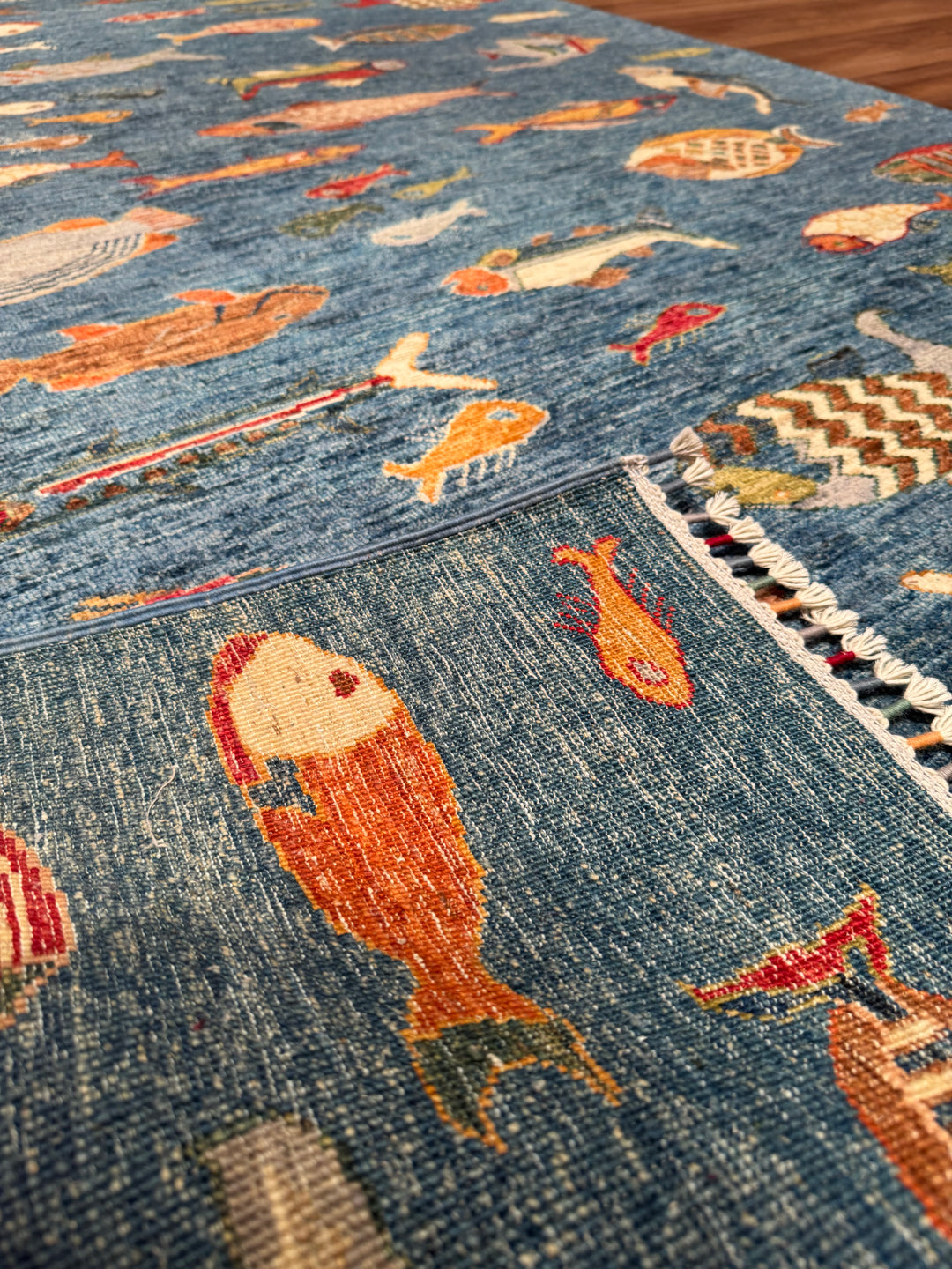 Balık Orijinal El Dokuması Mavi Kök Boya Yün Halı 156x205 3.20 Metrekare - 5x6 ft