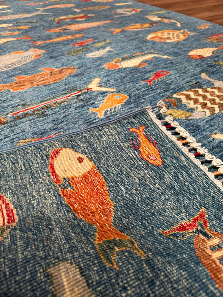 Balık Orijinal El Dokuması Mavi Kök Boya Yün Halı 156x205 3.20 Metrekare - 5x6 ft