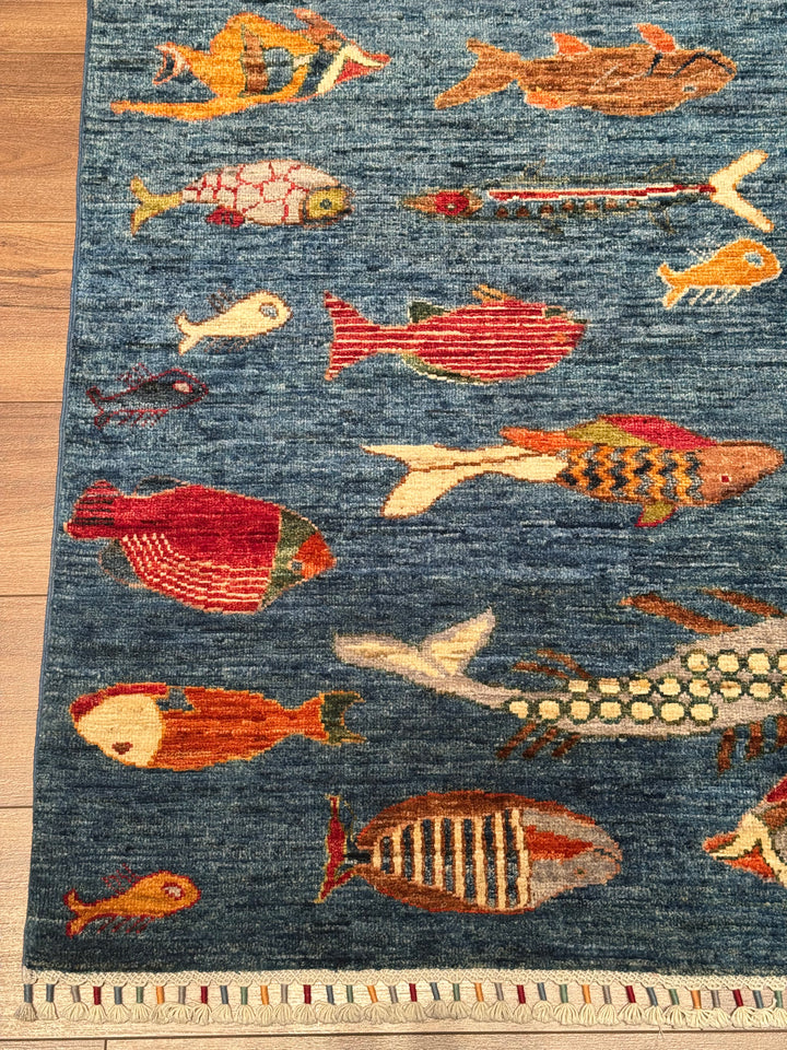 Balık Orijinal El Dokuması Mavi Kök Boya Yün Halı 156x205 3.20 Metrekare - 5x6 ft