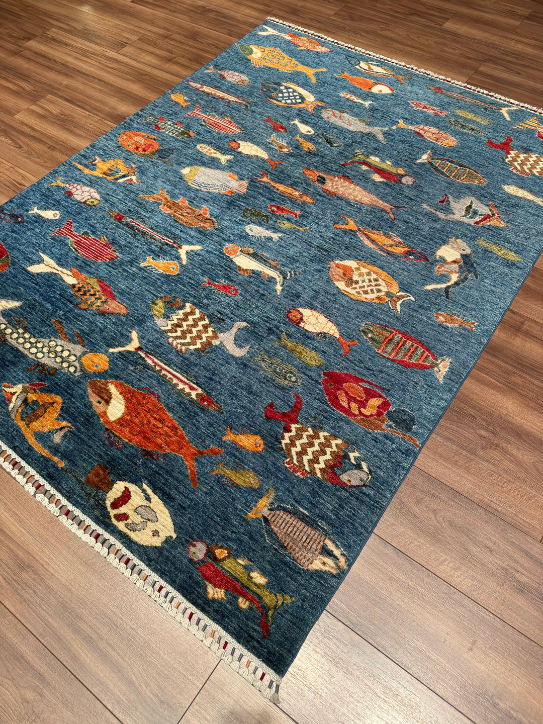 Balık Orijinal El Dokuması Mavi Kök Boya Yün Halı 156x205 3.20 Metrekare - 5x6 ft