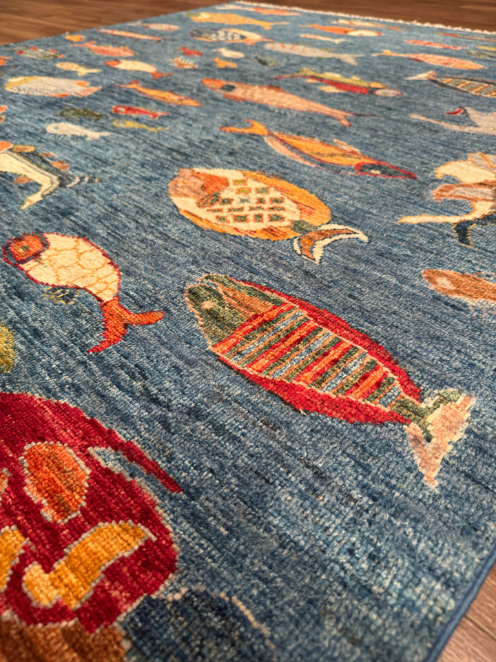 Balık Orijinal El Dokuması Mavi Kök Boya Yün Halı 156x205 3.20 Metrekare - 5x6 ft