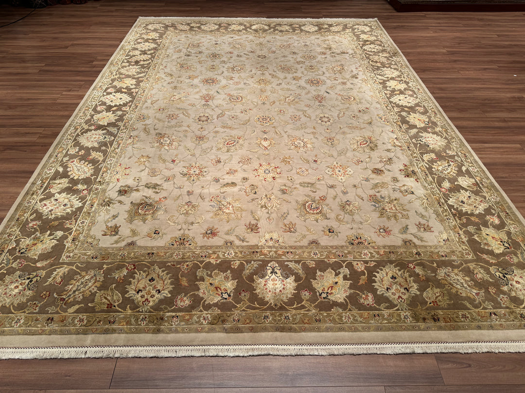 Indian Owl Original Hand Woven Beige Cream Wool Silk Carpet 308x427 13.15 Square Meters - 10x14 ft