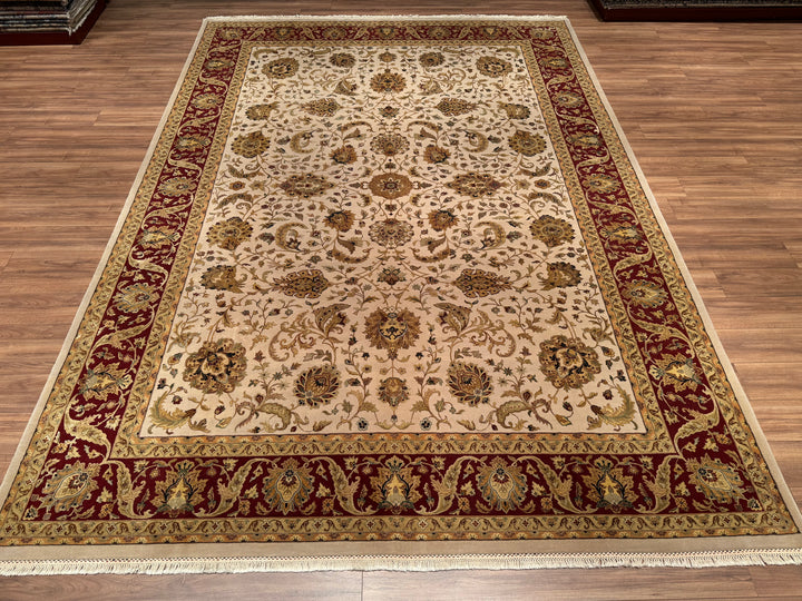 Indian Owl Original Hand Woven Beige Red Wool Silk Carpet 305x426 12.99 Square Meters - 10x14 ft