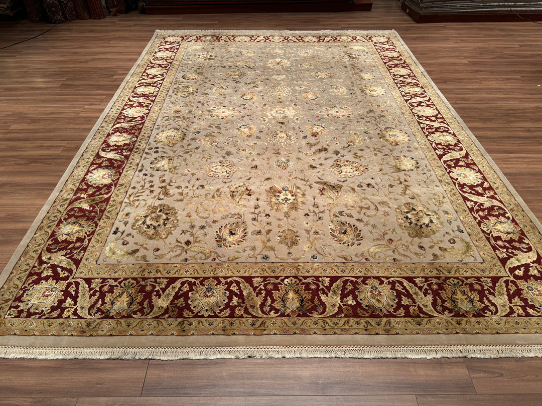 Indian Owl Original Hand Woven Beige Red Wool Silk Carpet 305x426 12.99 Square Meters - 10x14 ft