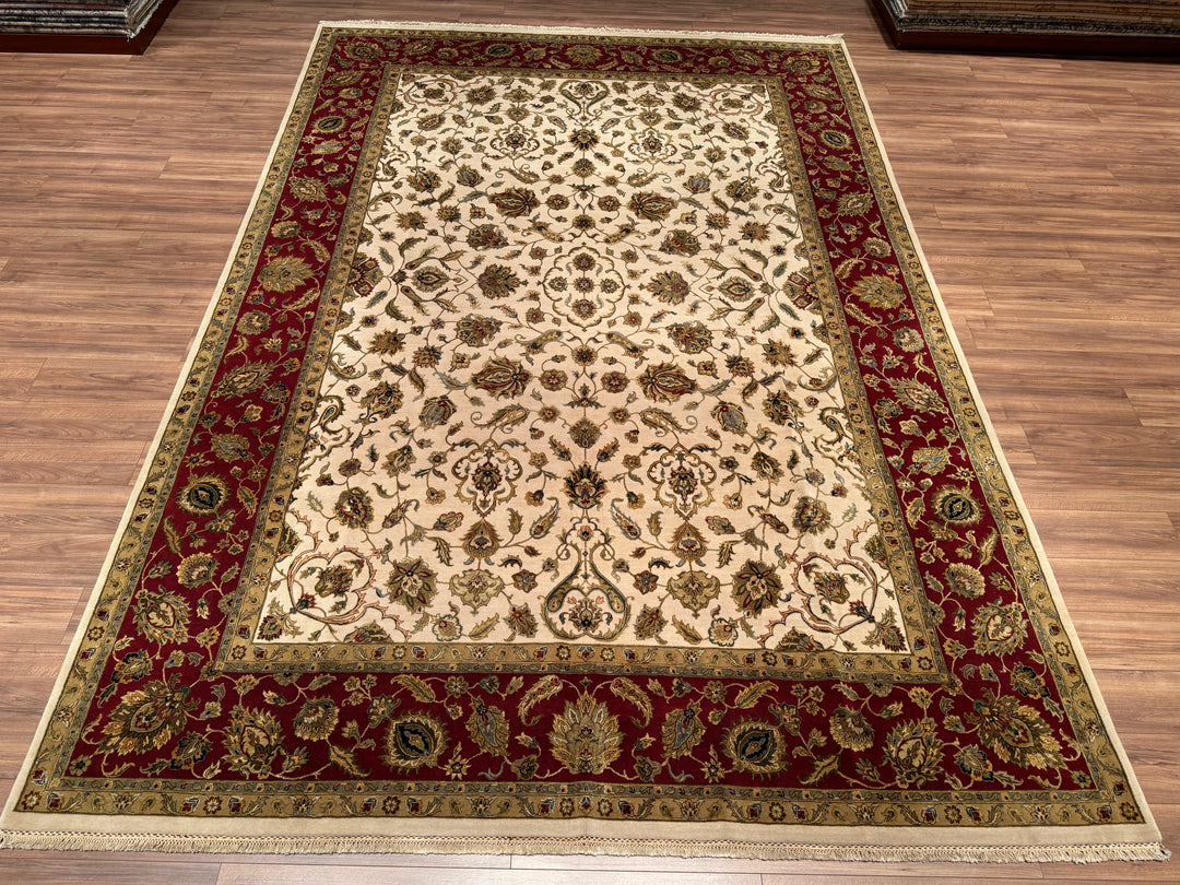 Indian Owl Original Hand Woven Beige Red Wool Silk Carpet 303x435 13.18 Square Meters - 10x14 ft