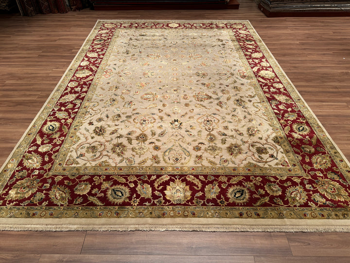 Indian Owl Original Hand Woven Beige Red Wool Silk Carpet 303x435 13.18 Square Meters - 10x14 ft