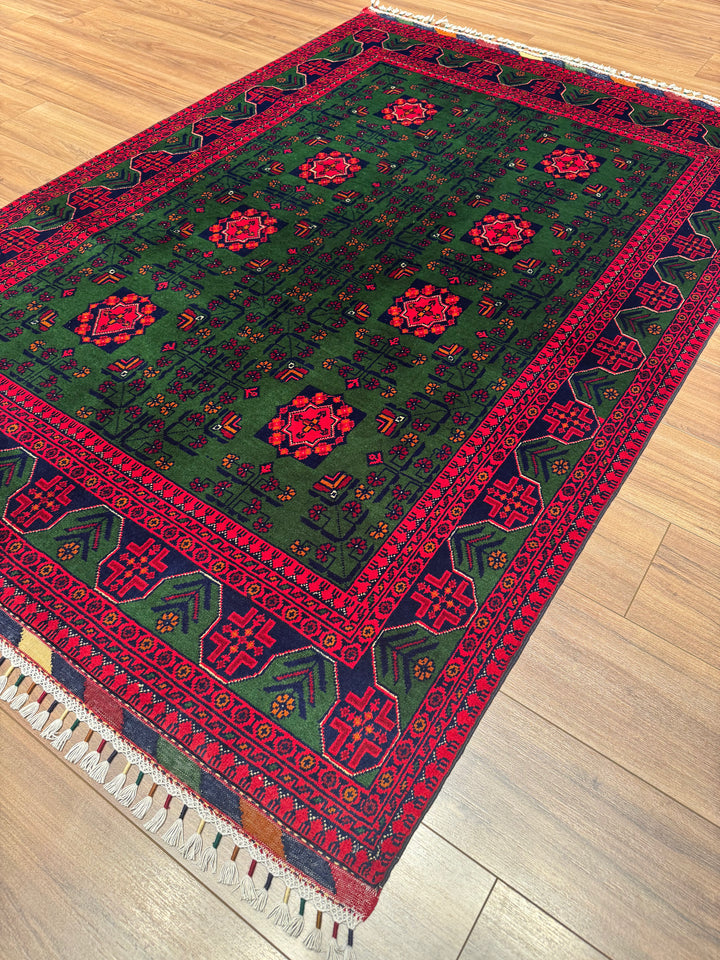 Afghan Carpet Green Hamyap Original Hand Woven Vegetable Dyed Wool 145x203 2.94 Square Meters - 4x7 ft