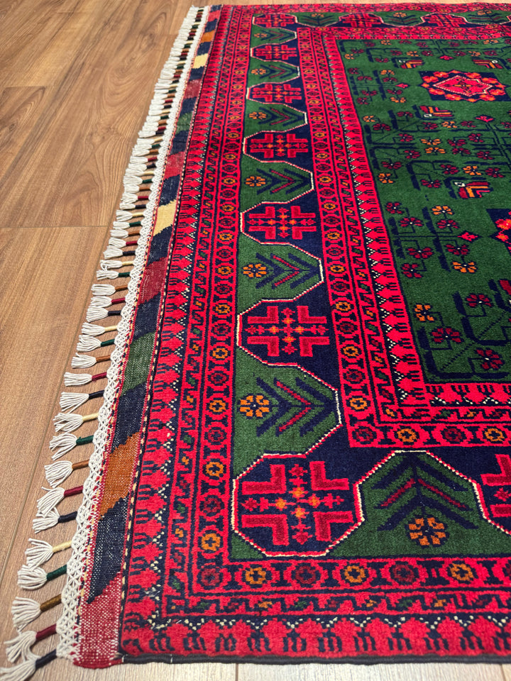 Afghan Carpet Green Hamyap Original Hand Woven Vegetable Dyed Wool 145x203 2.94 Square Meters - 4x7 ft