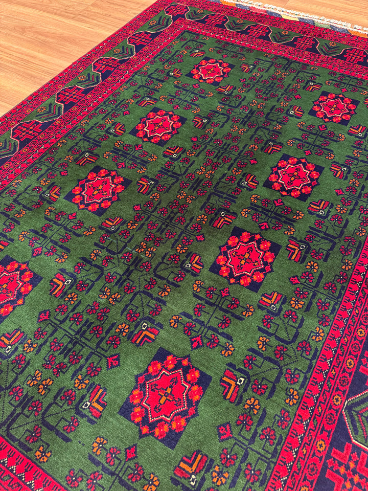 Afghan Carpet Green Hamyap Original Hand Woven Vegetable Dyed Wool 145x203 2.94 Square Meters - 4x7 ft