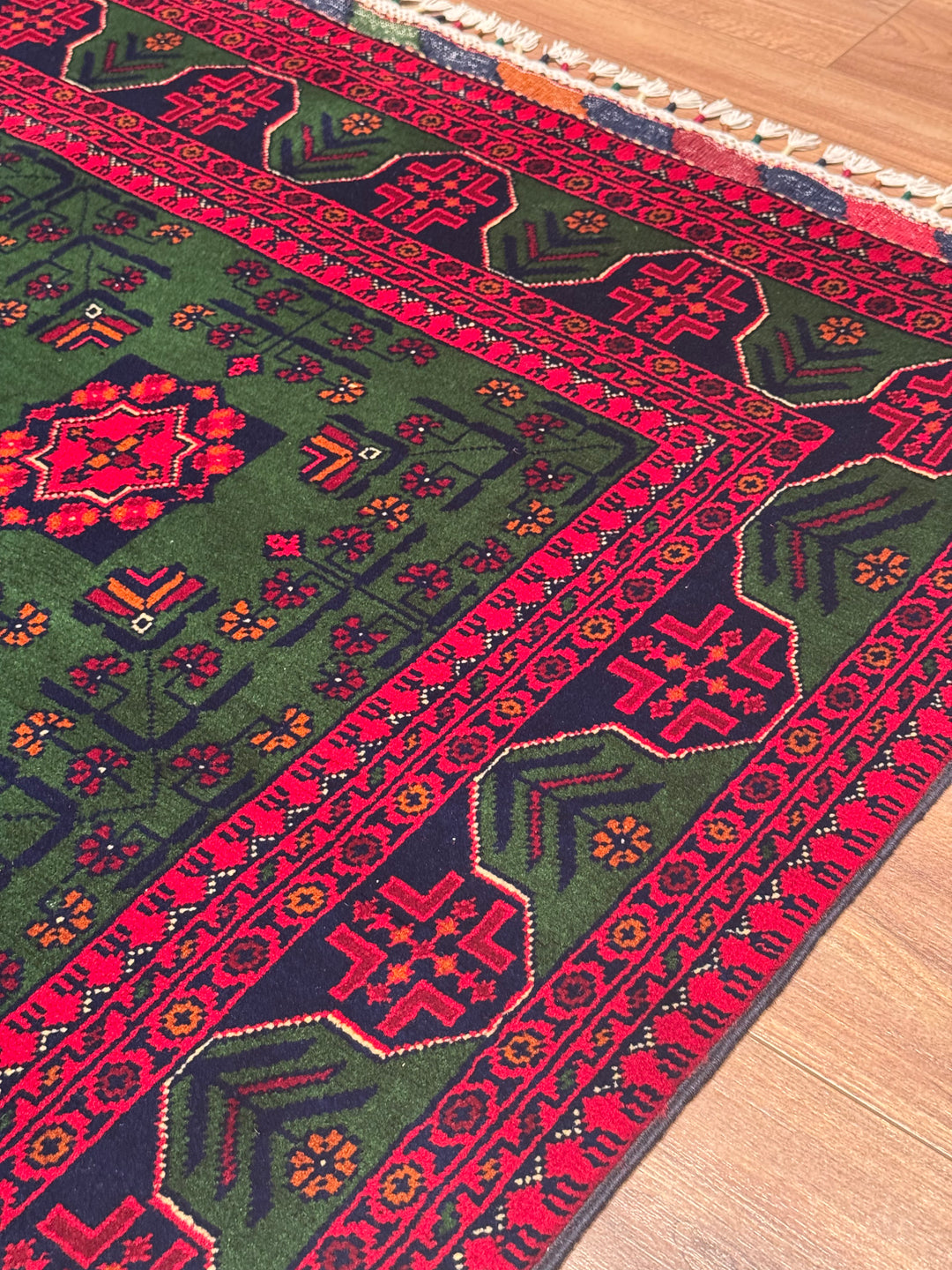 Afghan Carpet Green Hamyap Original Hand Woven Vegetable Dyed Wool 145x203 2.94 Square Meters - 4x7 ft
