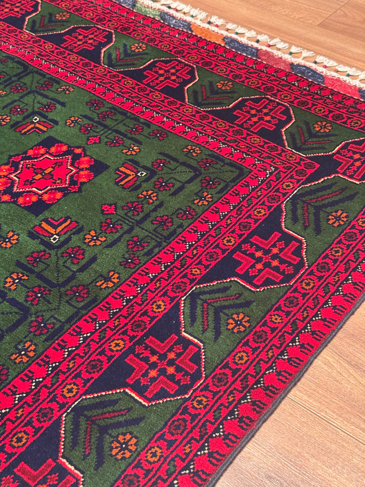 Afghan Carpet Green Hamyap Original Hand Woven Vegetable Dyed Wool 145x203 2.94 Square Meters - 4x7 ft