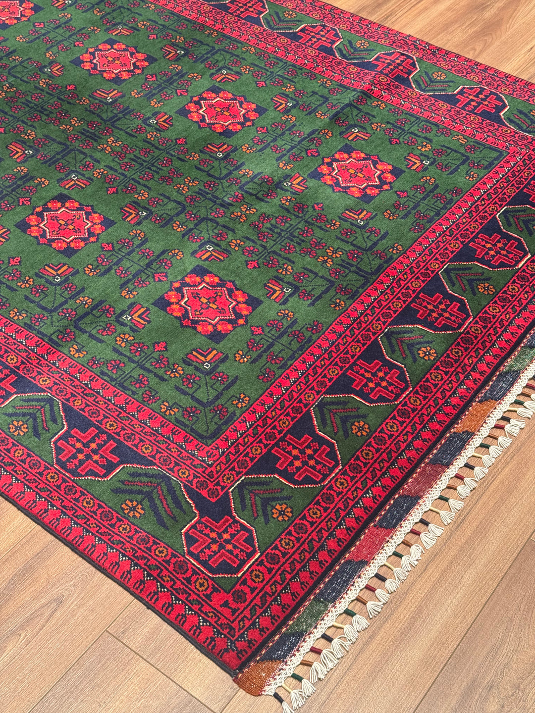 Afghan Carpet Green Hamyap Original Hand Woven Vegetable Dyed Wool 145x203 2.94 Square Meters - 4x7 ft