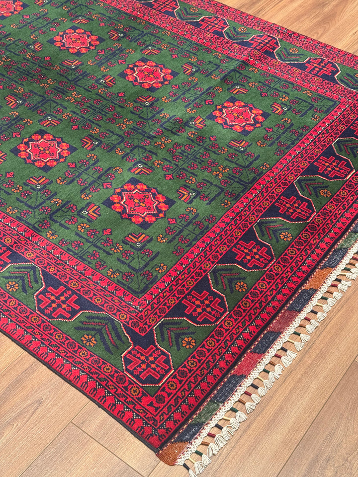 Afghan Carpet Green Hamyap Original Hand Woven Vegetable Dyed Wool 145x203 2.94 Square Meters - 4x7 ft
