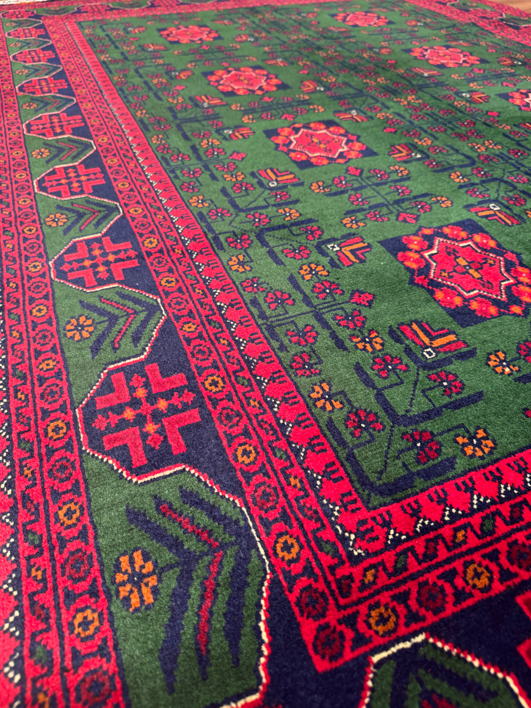 Afghan Carpet Green Hamyap Original Hand Woven Vegetable Dyed Wool 145x203 2.94 Square Meters - 4x7 ft