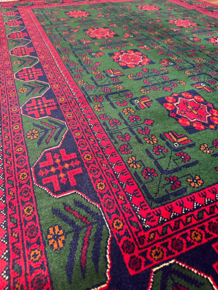 Afghan Carpet Green Hamyap Original Hand Woven Vegetable Dyed Wool 145x203 2.94 Square Meters - 4x7 ft