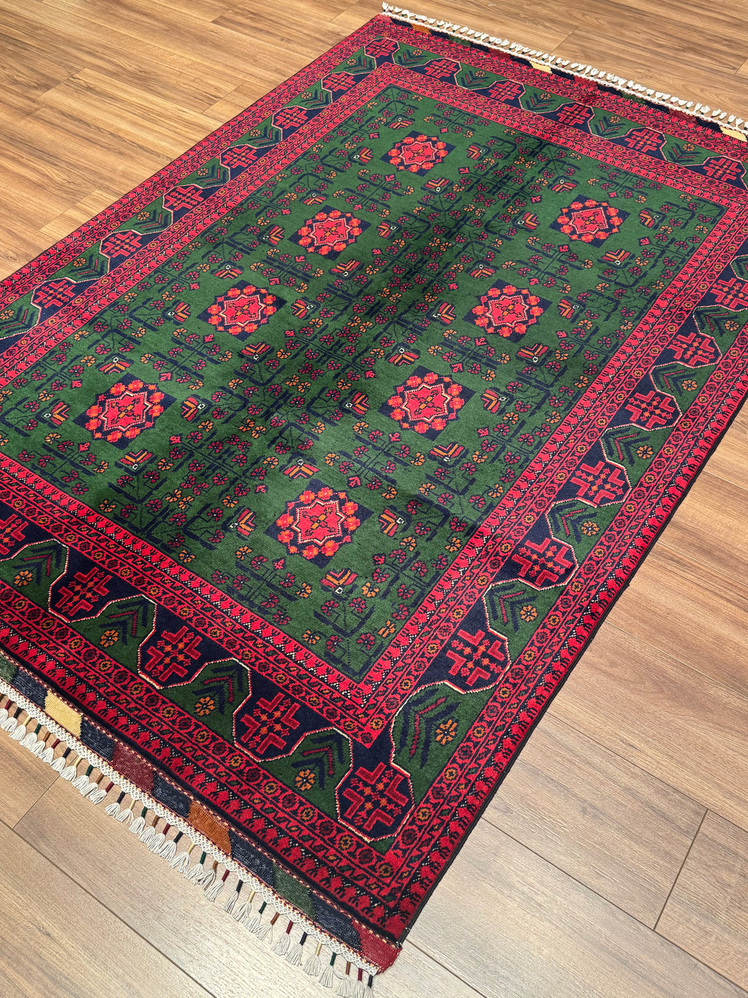 Afghan Carpet Green Hamyap Original Hand Woven Vegetable Dyed Wool 145x203 2.94 Square Meters - 4x7 ft
