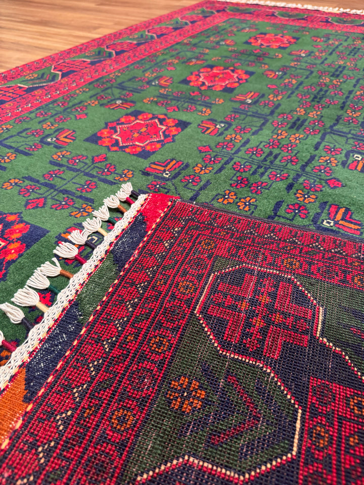 Afghan Carpet Green Hamyap Original Hand Woven Vegetable Dyed Wool 145x203 2.94 Square Meters - 4x7 ft