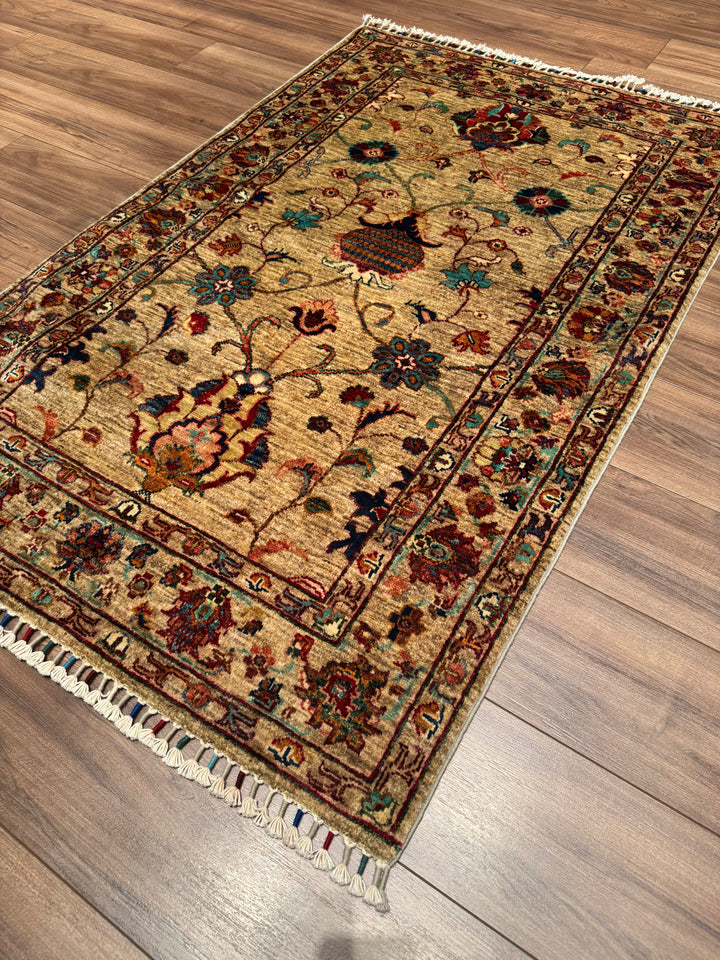 Sultani Floral Original Hand-Woven Beige Vegetable Dyed Wool Carpet 103x162 1.67 Square Meters - 3x5 ft