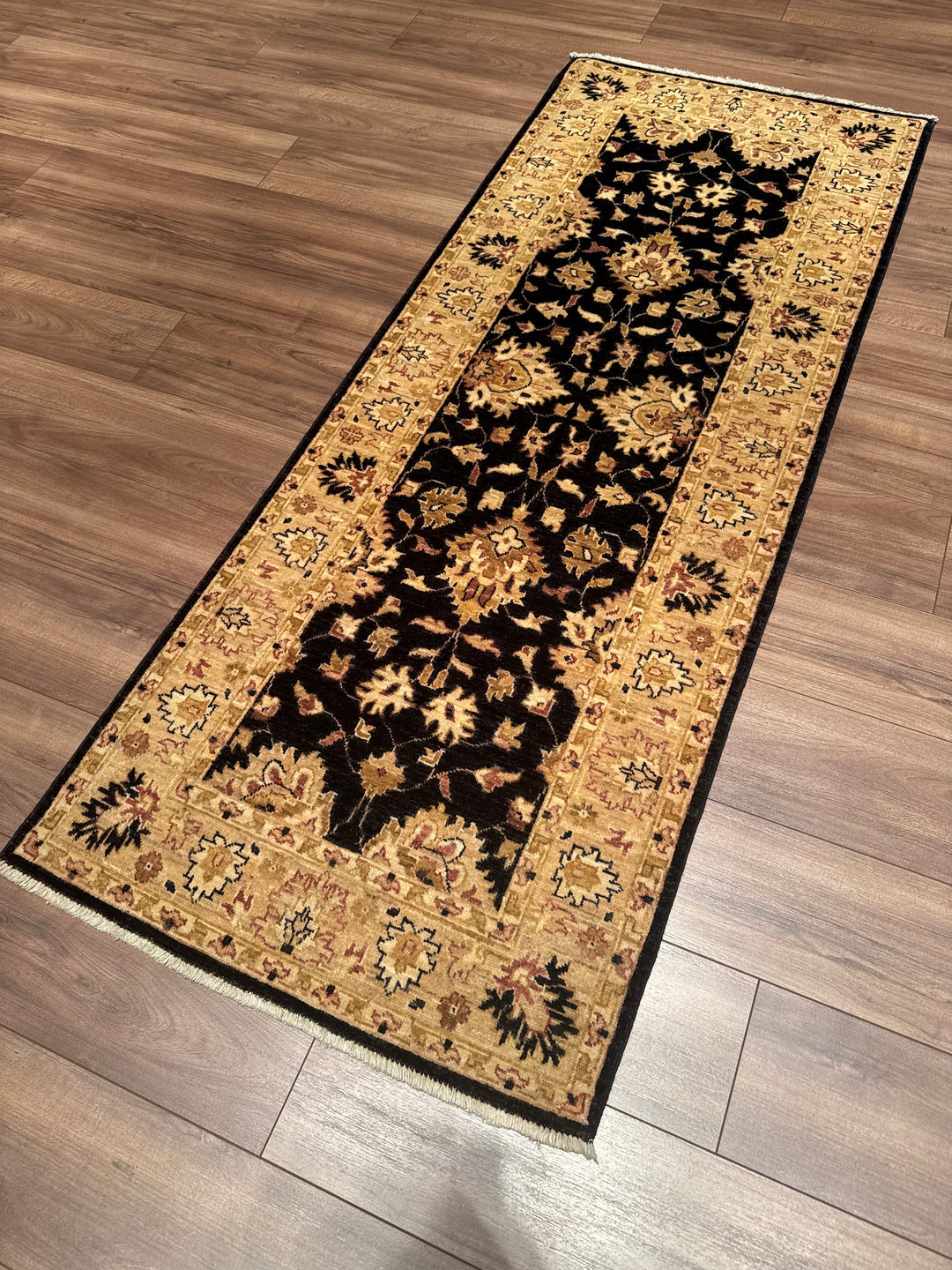 Uşak Original Handwoven Runner Rug, Black and Cream, Vegetable Dyed Wool Carpet, 0.80x205 cm, 1.64 Square Meters - 3x6 ft