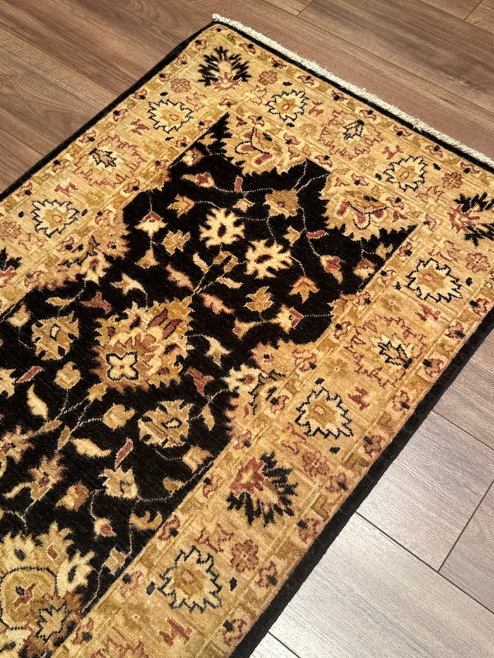 Uşak Original Handwoven Runner Rug, Black and Cream, Vegetable Dyed Wool Carpet, 0.80x205 cm, 1.64 Square Meters - 3x6 ft
