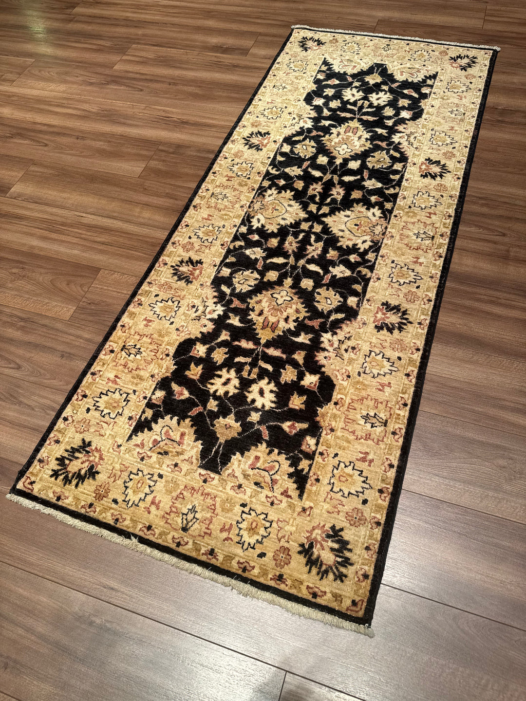 Uşak Original Handwoven Runner Rug, Black and Cream, Vegetable Dyed Wool Carpet, 0.80x205 cm, 1.64 Square Meters - 3x6 ft