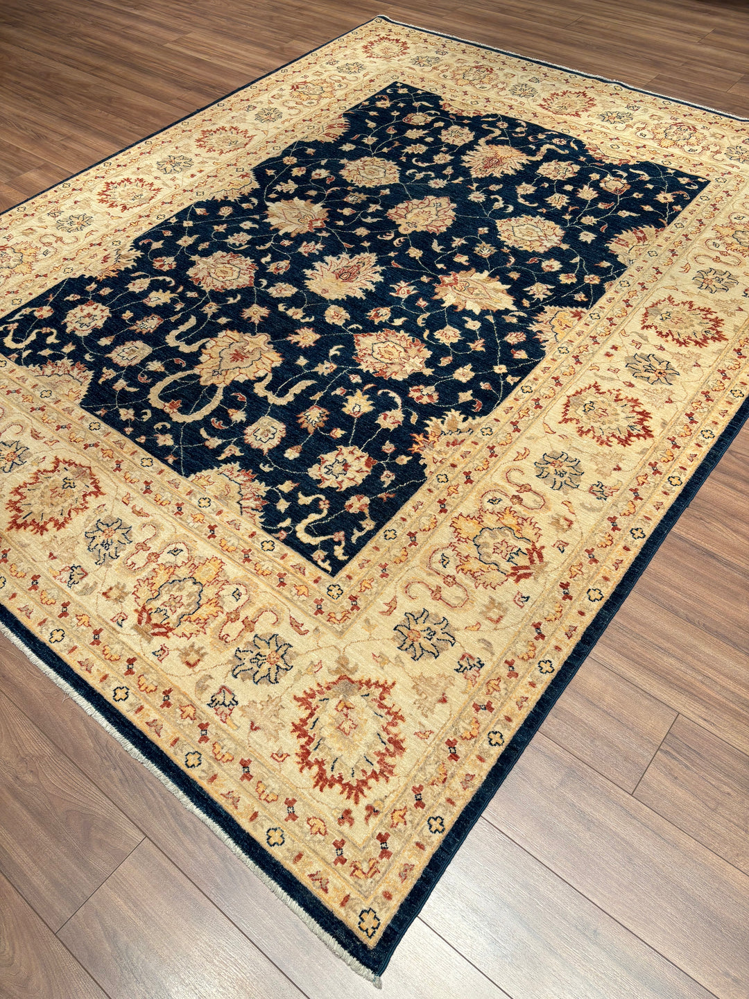 Uşak Original Handwoven Dark Blue and Cream Root Dye Wool Rug 240x300 cm (7.20 square meters) - 8x10 ft 