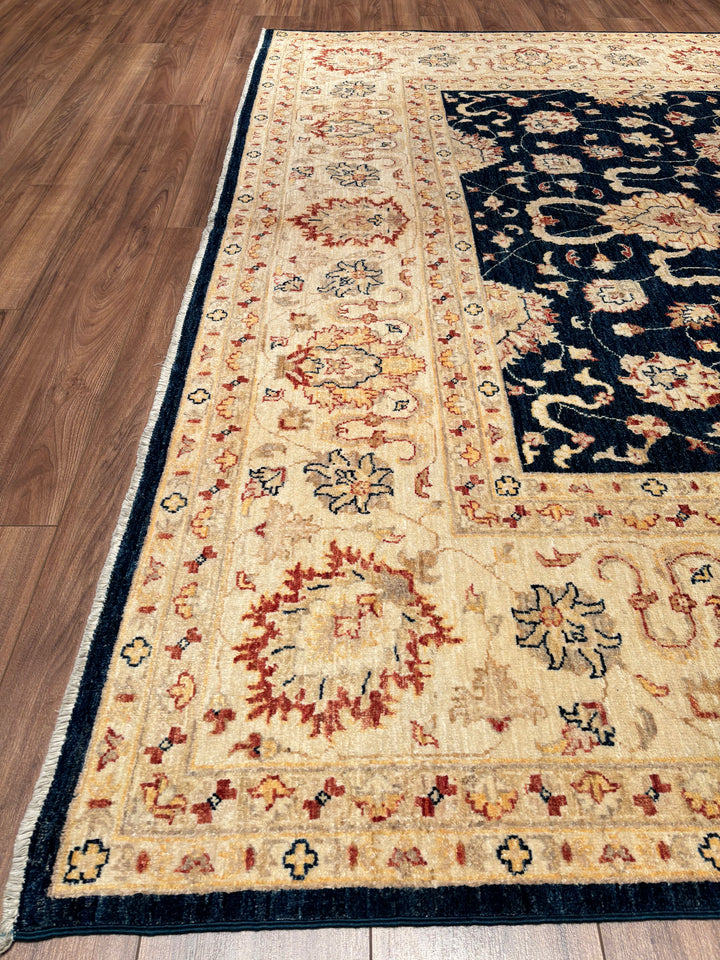 Uşak Original Handwoven Dark Blue and Cream Root Dye Wool Rug 240x300 cm (7.20 square meters) - 8x10 ft 