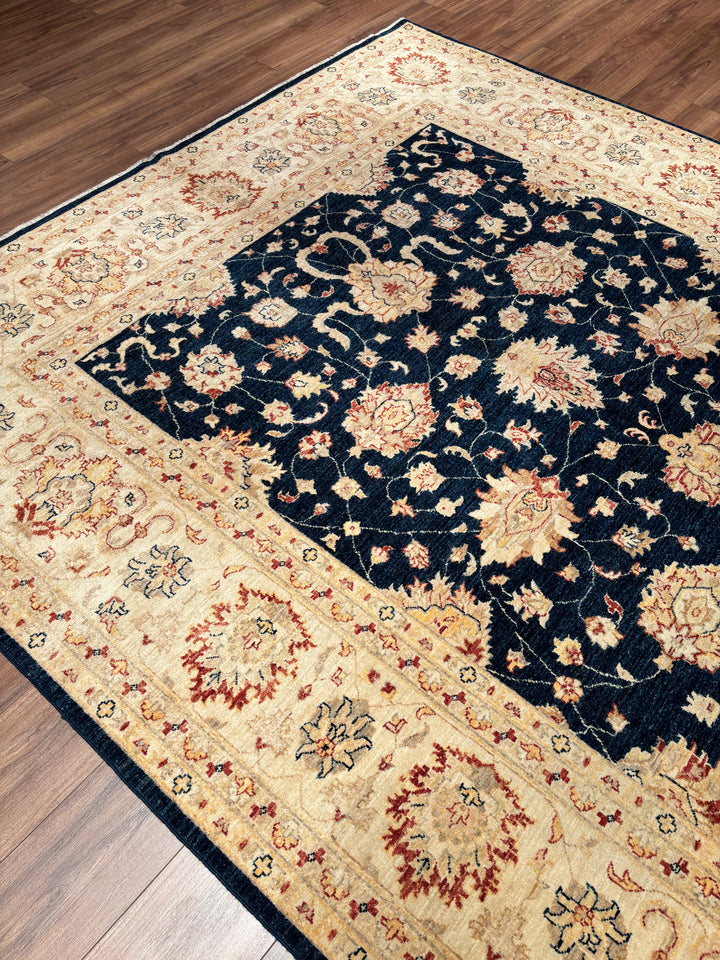 Uşak Original Handwoven Dark Blue and Cream Root Dye Wool Rug 240x300 cm (7.20 square meters) - 8x10 ft 