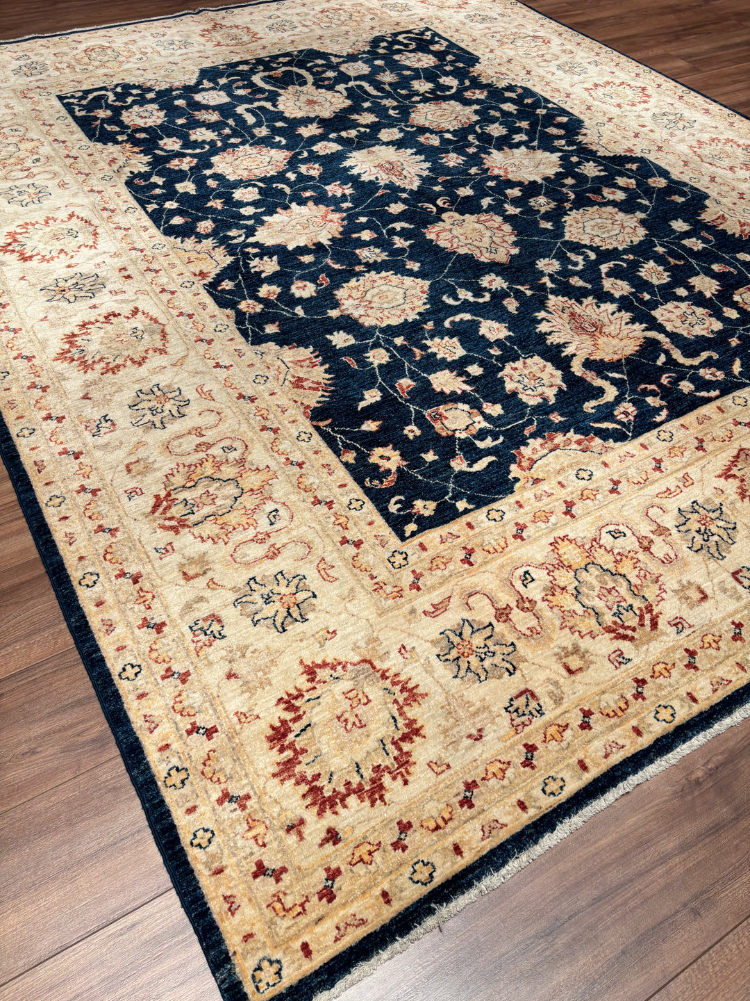 Uşak Original Handwoven Dark Blue and Cream Root Dye Wool Rug 240x300 cm (7.20 square meters) - 8x10 ft 