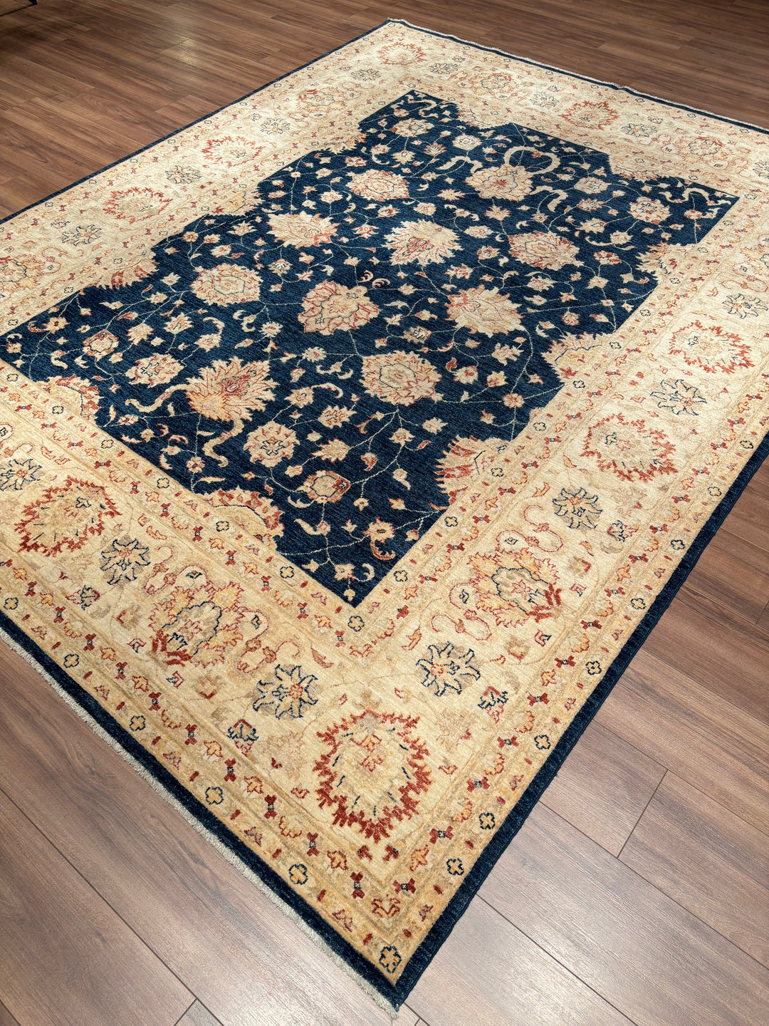 Uşak Original Handwoven Dark Blue and Cream Root Dye Wool Rug 240x300 cm (7.20 square meters) - 8x10 ft 