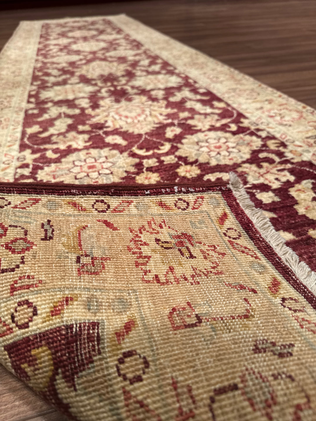 Uşak Original Handwoven Runner Rug, Burgundy Cream, Vegetable Dyed Wool Carpet, 0.81x305 cm, 2.47 Square Meters - 3x10 ft 