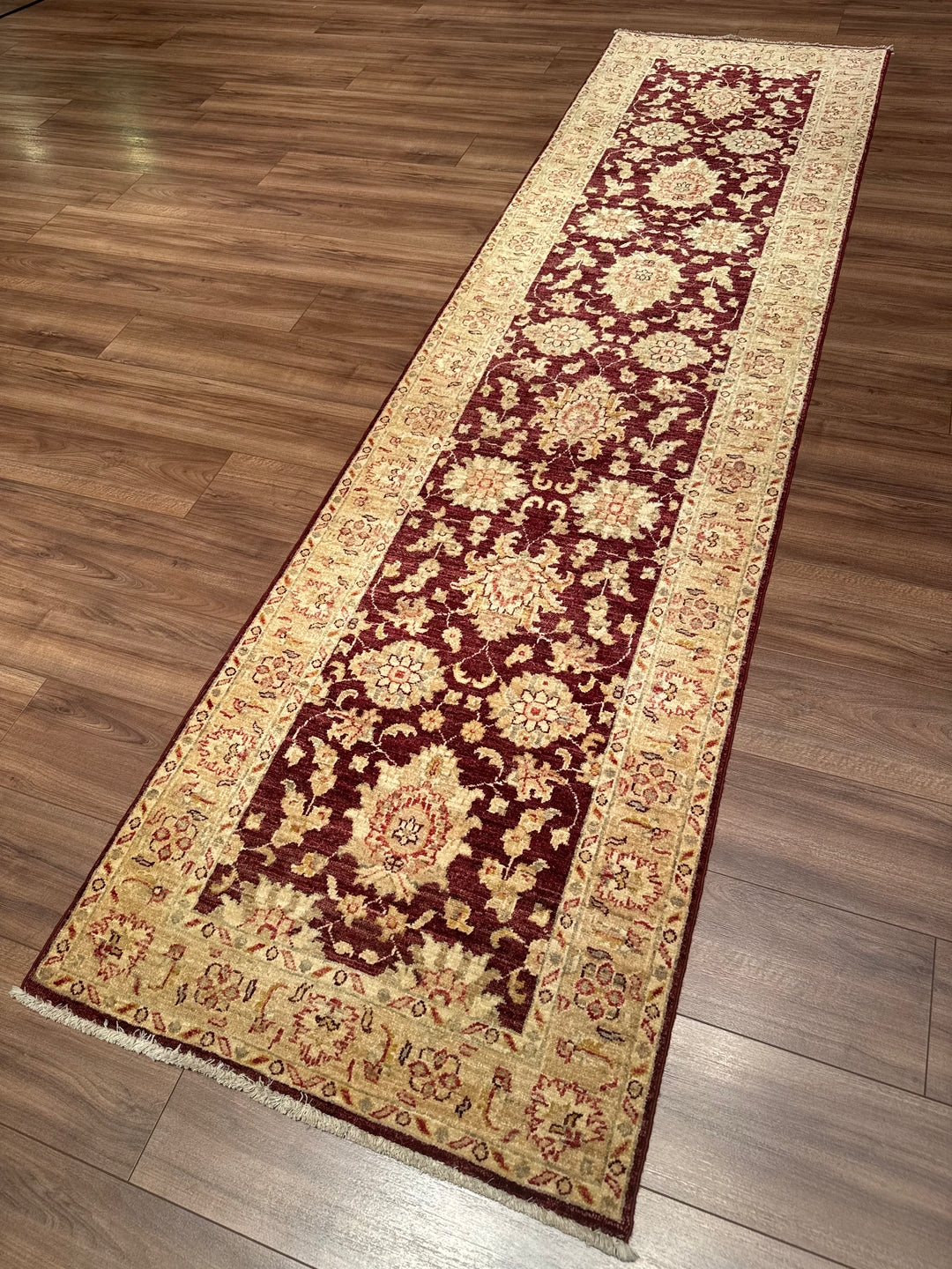 Uşak Original Handwoven Runner Rug, Burgundy Cream, Vegetable Dyed Wool Carpet, 0.81x305 cm, 2.47 Square Meters - 3x10 ft 