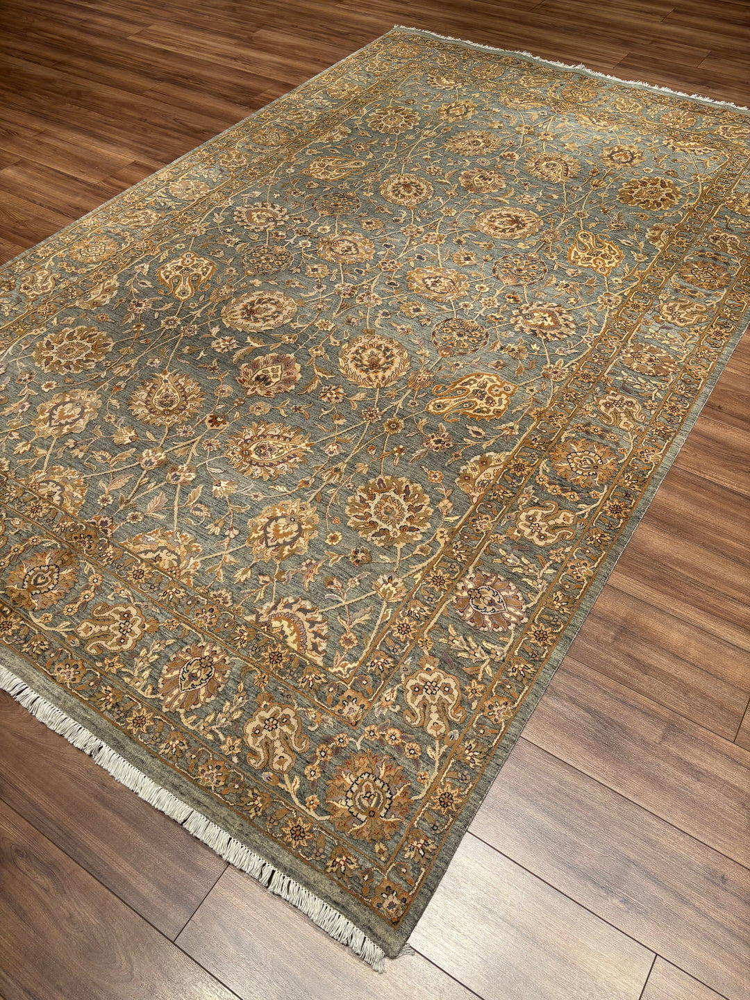 Indian Servant Original Handwoven Grey Beige Wool Bamboo Rug 196x301 cm (5.90 square meters) - 7x10 ft