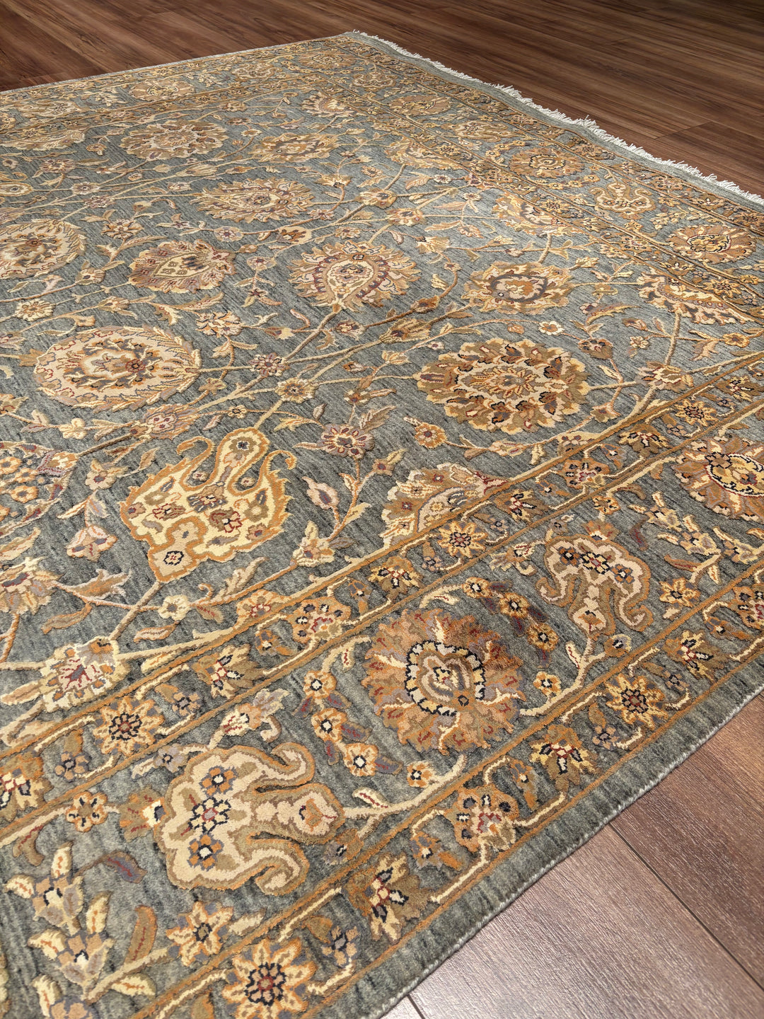 Indian Servant Original Handwoven Grey Beige Wool Bamboo Rug 196x301 cm (5.90 square meters) - 7x10 ft