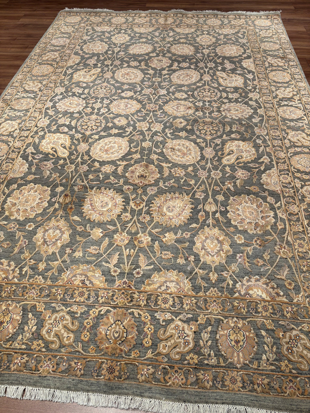 Indian Servant Original Handwoven Grey Beige Wool Bamboo Rug 196x301 cm (5.90 square meters) - 7x10 ft