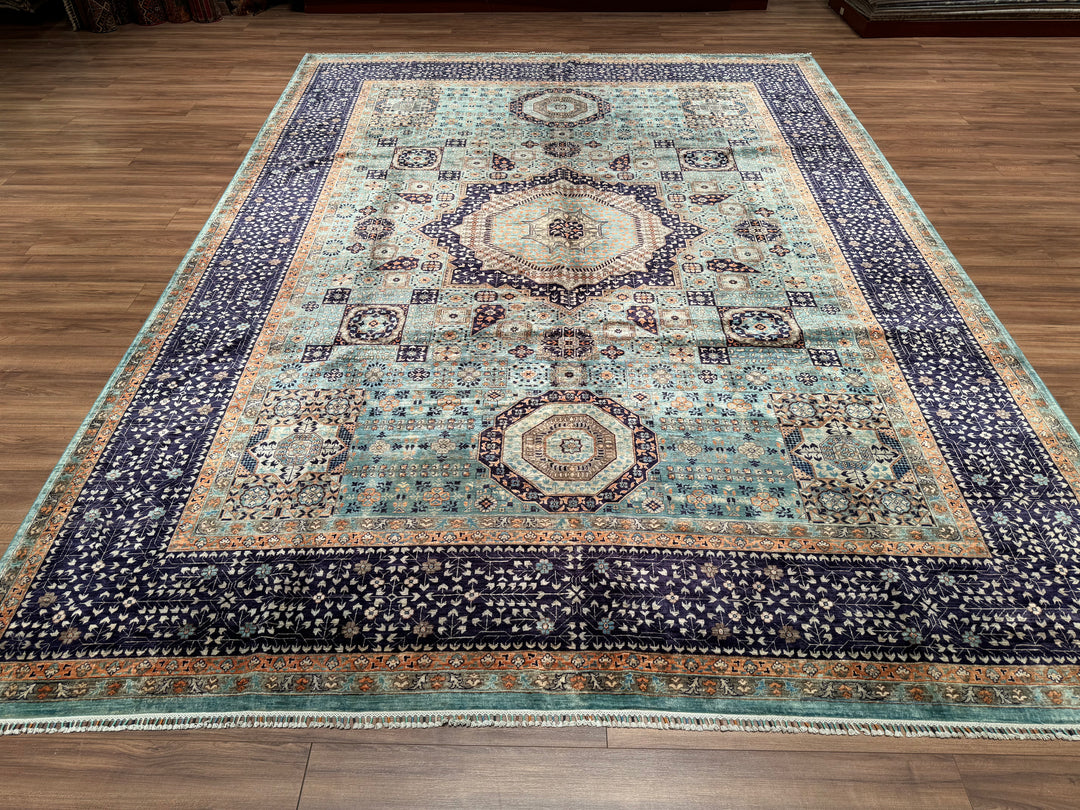 Mamluk Original Hand Woven Turquoise Navy Blue Vegetable Dyed Wool Carpet 311x418 13 Square Meters - 10x14 ft