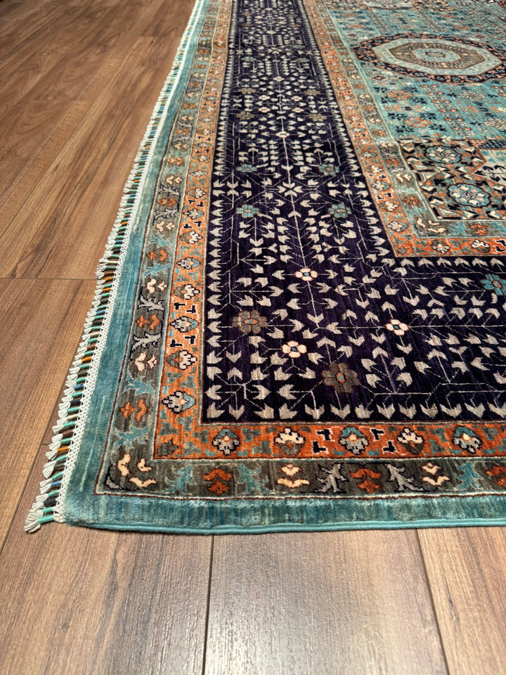 Mamluk Original Hand Woven Turquoise Navy Blue Vegetable Dyed Wool Carpet 311x418 13 Square Meters - 10x14 ft