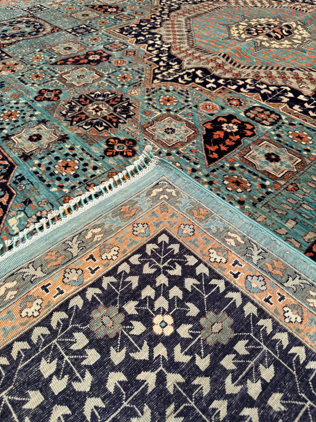 Mamluk Original Hand Woven Turquoise Navy Blue Vegetable Dyed Wool Carpet 311x418 13 Square Meters - 10x14 ft