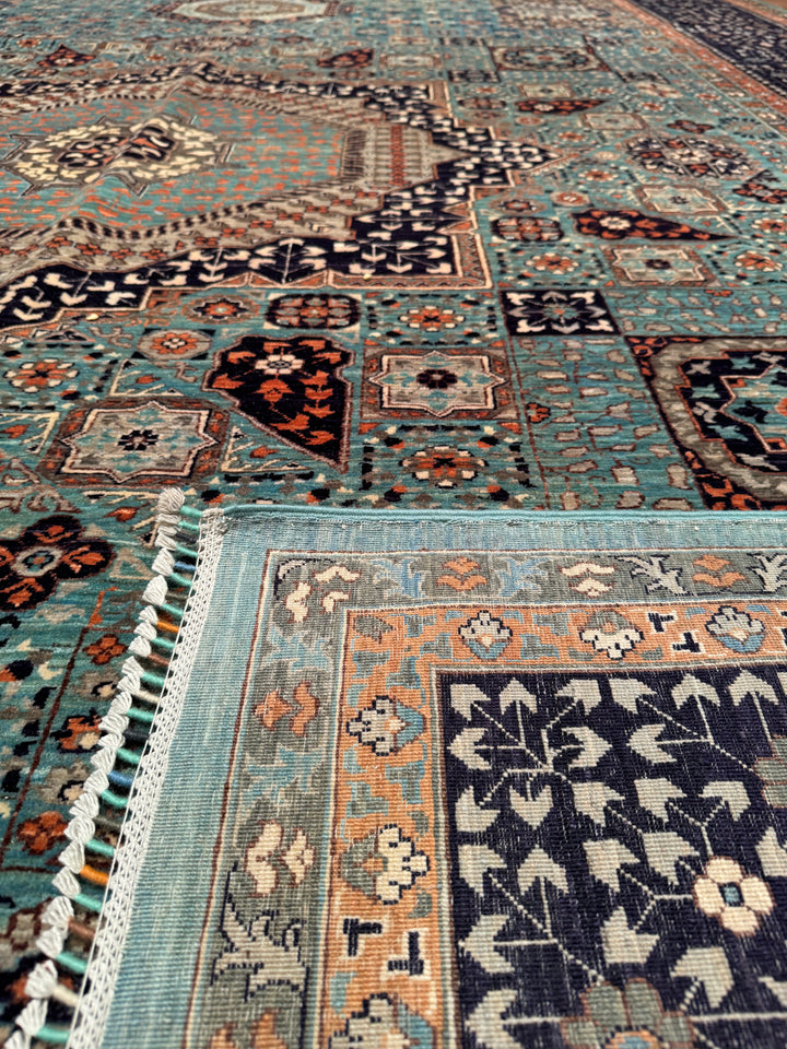 Mamluk Original Hand Woven Turquoise Navy Blue Vegetable Dyed Wool Carpet 311x418 13 Square Meters - 10x14 ft