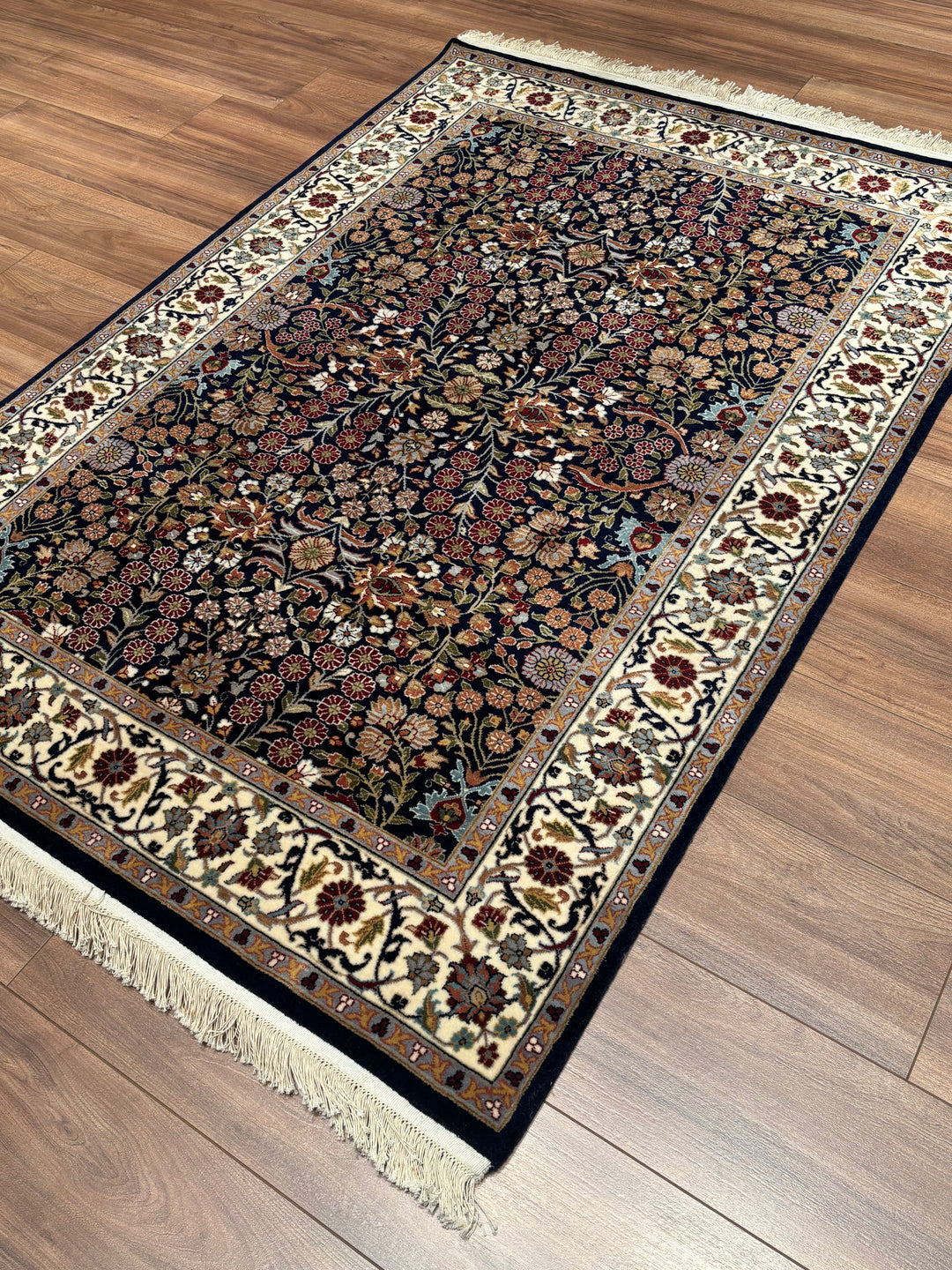 Hereke Seven Mountains Flower Original Handwoven Navy Blue Cream Wool Rug 123x178 cm (2.19 square meters) - 4x6 ft 