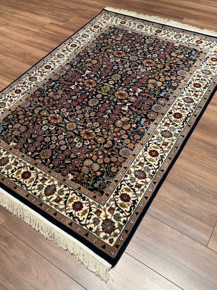 Hereke Seven Mountains Flower Original Handwoven Navy Blue Cream Wool Rug 123x178 cm (2.19 square meters) - 4x6 ft 