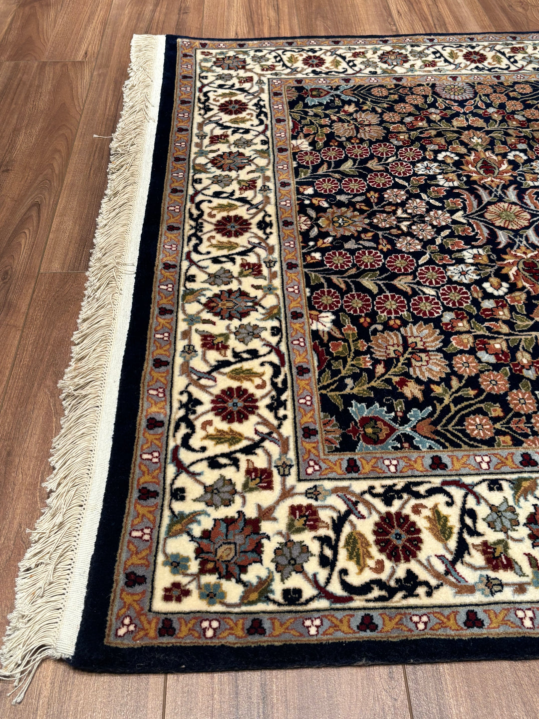 Hereke Seven Mountains Flower Original Handwoven Navy Blue Cream Wool Rug 123x178 cm (2.19 square meters) - 4x6 ft 