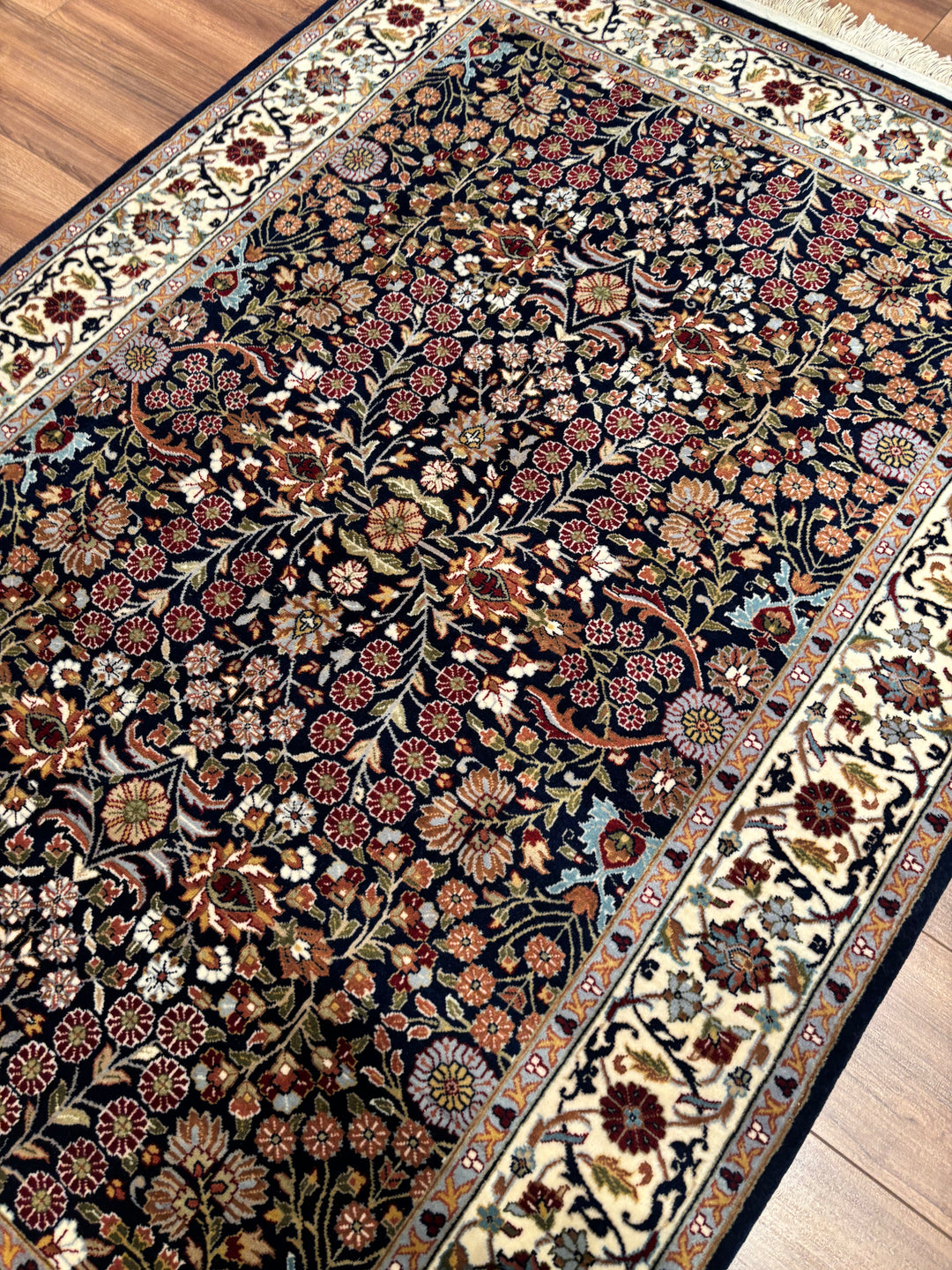 Hereke Seven Mountains Flower Original Handwoven Navy Blue Cream Wool Rug 123x178 cm (2.19 square meters) - 4x6 ft 