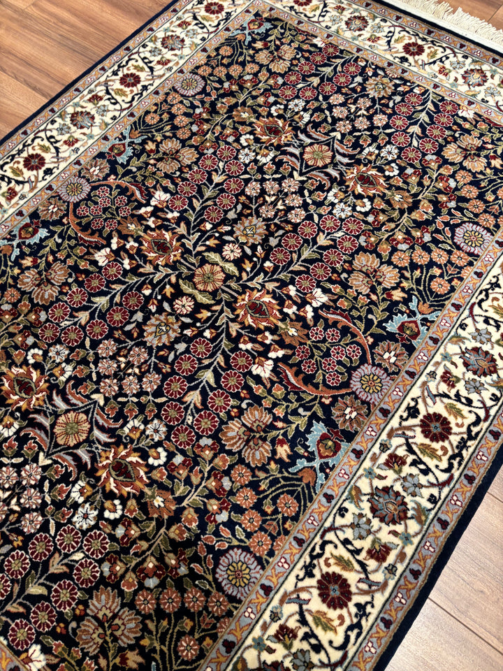 Hereke Seven Mountains Flower Original Handwoven Navy Blue Cream Wool Rug 123x178 cm (2.19 square meters) - 4x6 ft 