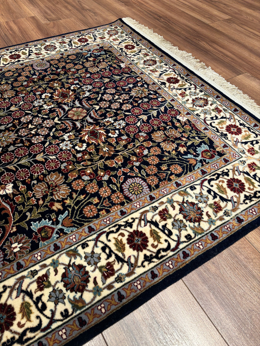 Hereke Seven Mountains Flower Original Handwoven Navy Blue Cream Wool Rug 123x178 cm (2.19 square meters) - 4x6 ft 