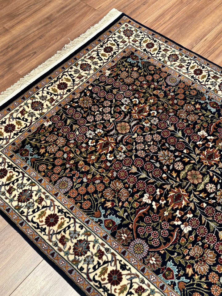 Hereke Seven Mountains Flower Original Handwoven Navy Blue Cream Wool Rug 123x178 cm (2.19 square meters) - 4x6 ft 