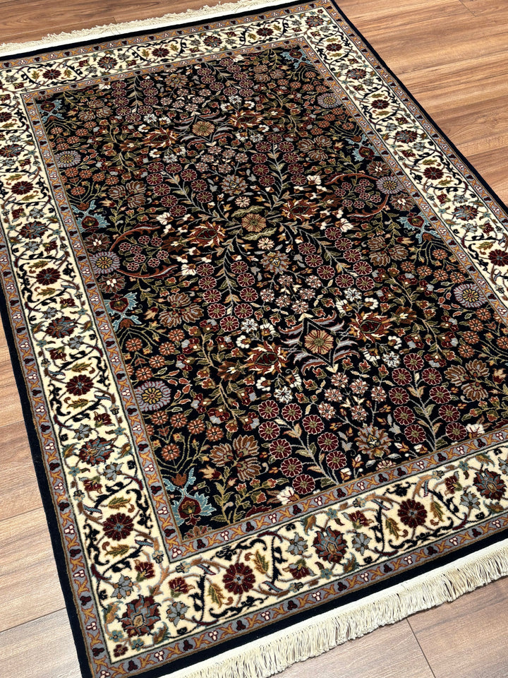 Hereke Seven Mountains Flower Original Handwoven Navy Blue Cream Wool Rug 123x178 cm (2.19 square meters) - 4x6 ft 