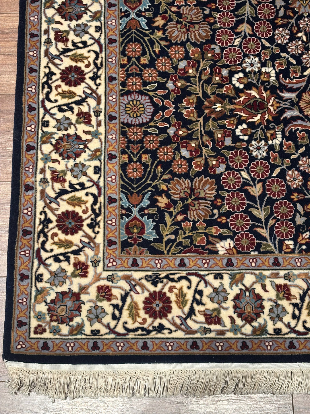 Hereke Seven Mountains Flower Original Handwoven Navy Blue Cream Wool Rug 123x178 cm (2.19 square meters) - 4x6 ft 