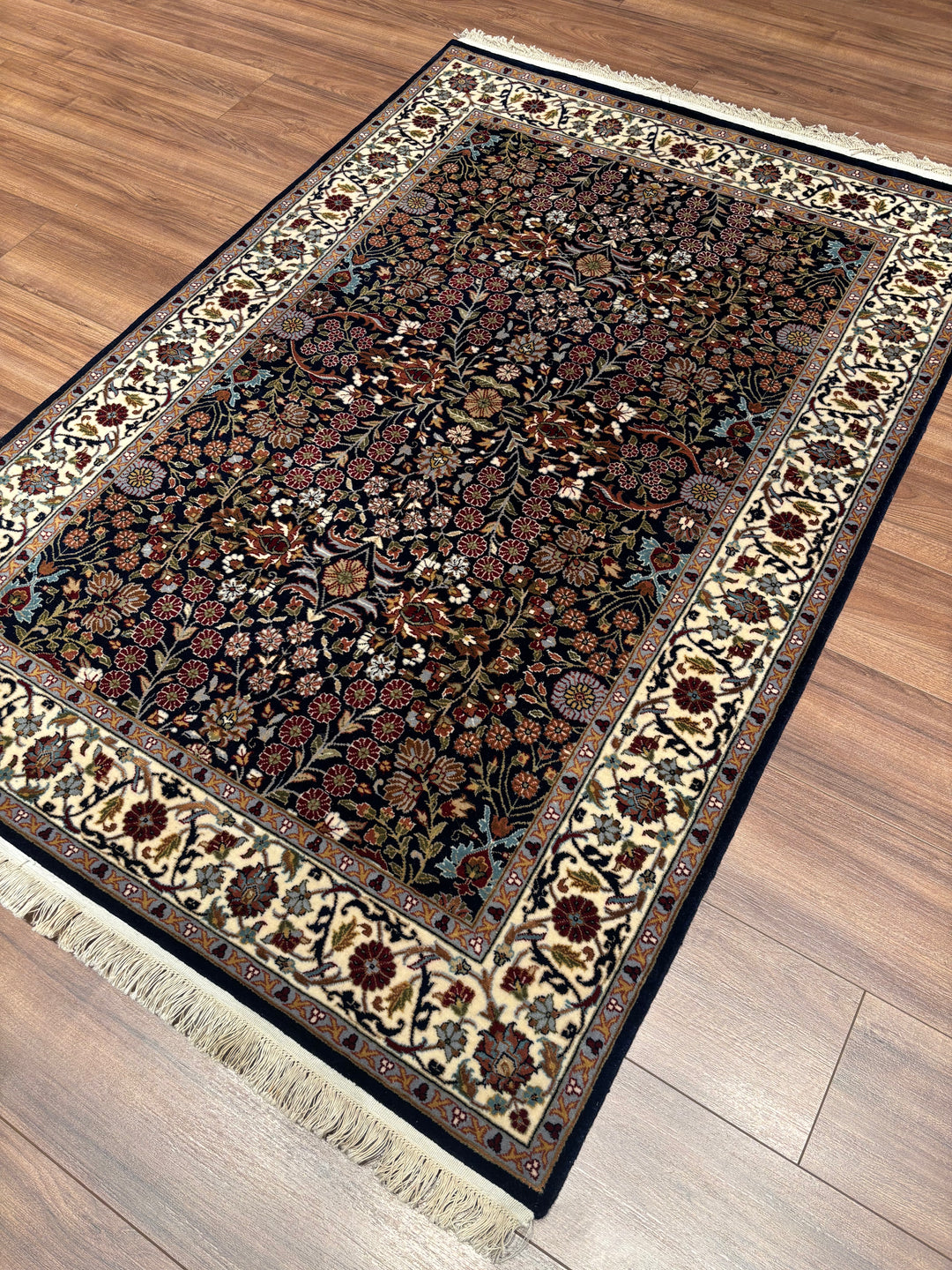 Hereke Seven Mountains Flower Original Handwoven Navy Blue Cream Wool Rug 123x178 cm (2.19 square meters) - 4x6 ft 