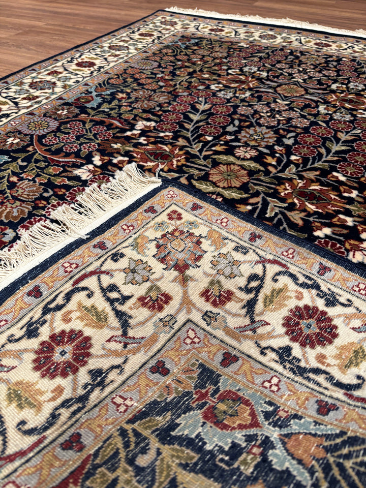 Hereke Seven Mountains Flower Original Handwoven Navy Blue Cream Wool Rug 123x178 cm (2.19 square meters) - 4x6 ft 